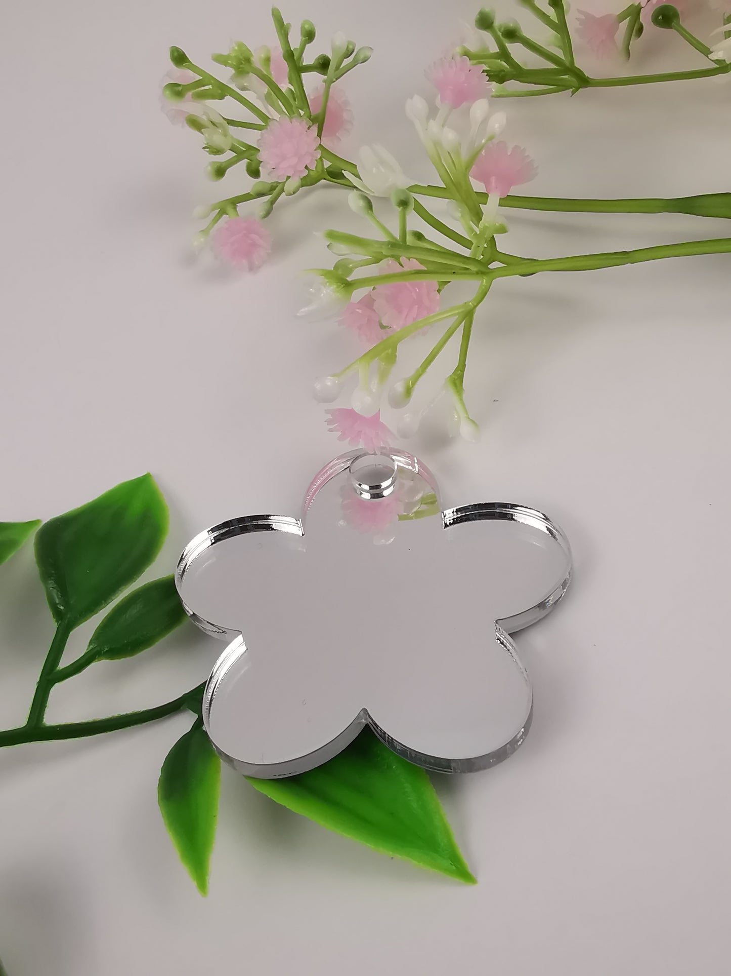 flower shape small handy mirror with customized UV printing acrylic tag gift