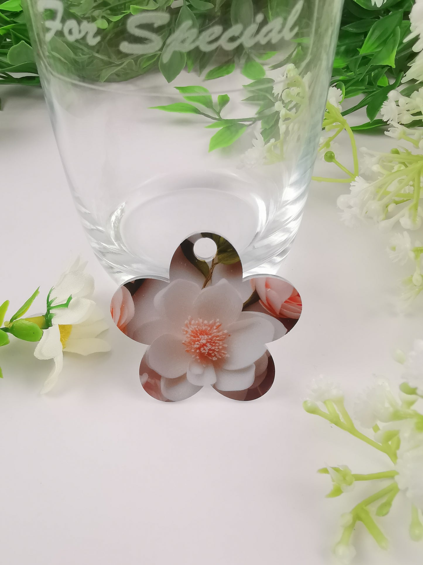 flower shape small handy mirror with customized UV printing acrylic tag gift